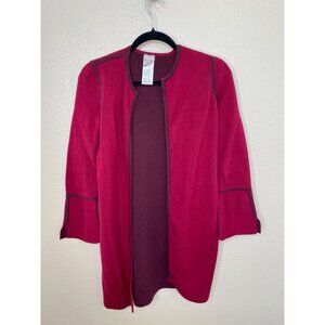 Chicos Womens Open Front Cardigan Size S Ruby Red Knit Jacket Cotton Reversible